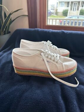 Superga White Canvas Platform Sneakers with Rainbow Espadrille Wrap